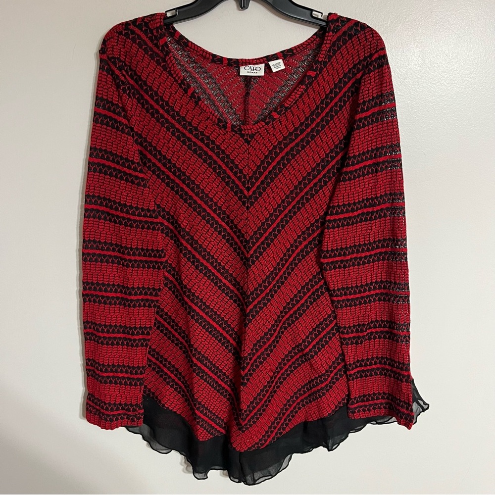 Cato Women’s Red & Black Sheer Striped Top Blouse Holiday Scoop Neck Lace Detail